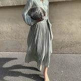 Stylish V-neck Single-breasted Women Dress Elegant Slim Waist Lace-up Female Mid-length A-line Dress Vestidos 2022