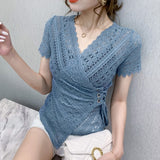 5XL Women lace tops New Arrivals 2022 Summer short sleeve v-neck women blouse shirt Sexy Hollow out lace tops plus size blusas