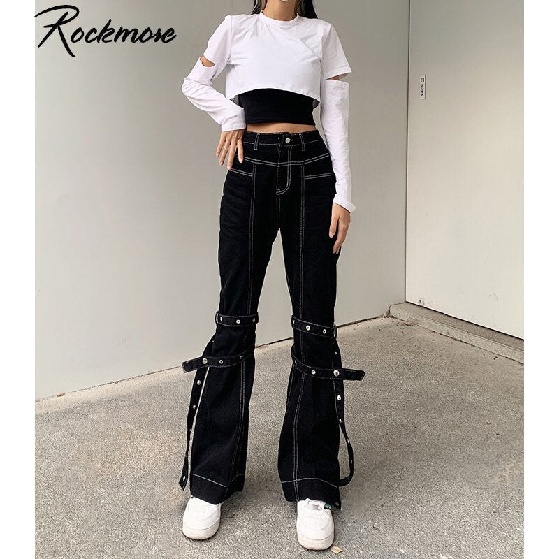 Y2K Rivet Bandage Flare Jeans Woman High Waist Wide Leg Denim Boyfriend Streetwear Clothing Fashion Harajuku Cargo Pant