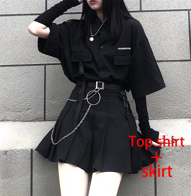 Rarove Single / set summer Korean versatile dark loose BF shirt top women fashion two piece set skirt jupe dropshipping