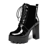 2022 Thick High Heeled Female Patent Leather Ankle Boots Round Toe Lace-up Zipper Women Short Boots Gothic Women Shoes