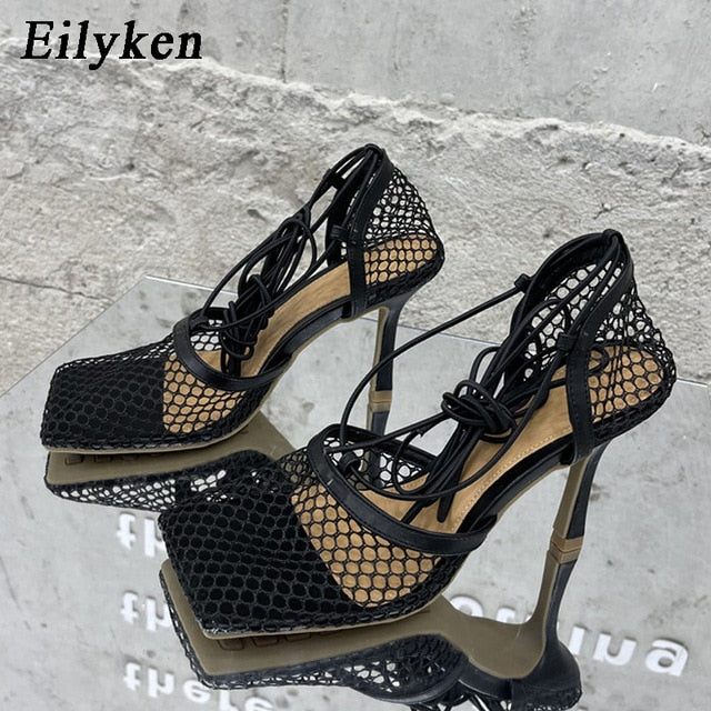 Sexy Hollow Out Mesh Women Pumps Lace-Up Sandals Female Square Toe High Heel Summer Fashion Ankle Strap Party Dress Shoe