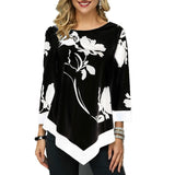 Elegant Women Blouse Shirt Patchwork Tops Long Sleeve Round Neck Female Print Shirt Casual Loose Tee Shirt Plus Size 5XL