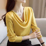 Fashion high-grade airy neckline satin blouse long-sleeved chiffon blouse Plus Size Women Chiffon Blouse Shirt Elegant