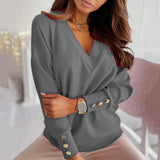 Women's sweater Autumn Solid Color Deep V Neck Pocket Single-breasted Long Sleeve Pullover Knitted Cardigan Tops 2022 Oversized
