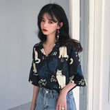 Blouses Women Vintage Cat Printed Korean Basic Loose Chic Design Ladies Shirts Daily College Street All-match Womens Blouse Top