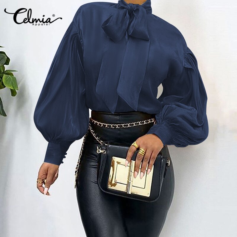 Elegant Office Women Puff Sleeve Blouses Bow Collar Solid Shirts 2022 Fashion Casual Loose Tunic Tops Party Blusas Femme