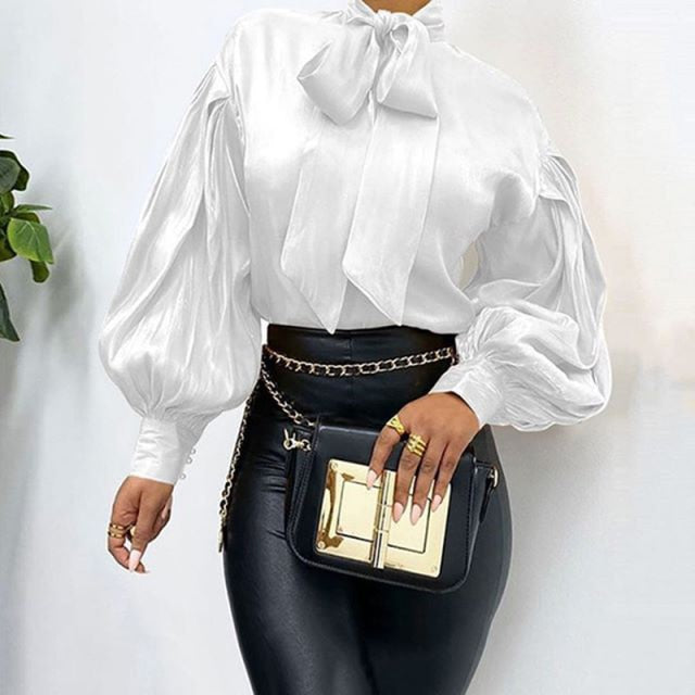 Elegant Office Women Puff Sleeve Blouses Bow Collar Solid Shirts 2022 Fashion Casual Loose Tunic Tops Party Blusas Femme
