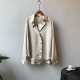 Rarove Satin Blouse Women Korean Long Sleeves V-Neck Soft Shirts Spring Elegant Imitation Silk Tops