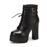 RAROVE  New Fashion PU Lacing High Heel Boots Women Thick With Belt Buckle Ankle Boots Square Heels Bare Foot Shoes White