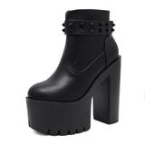 Rarove Hot Sales Women Ankle Boots With Rivets Round Toe Thick High Heeled Short Boots Platform Boots Gothic Chunky Heel