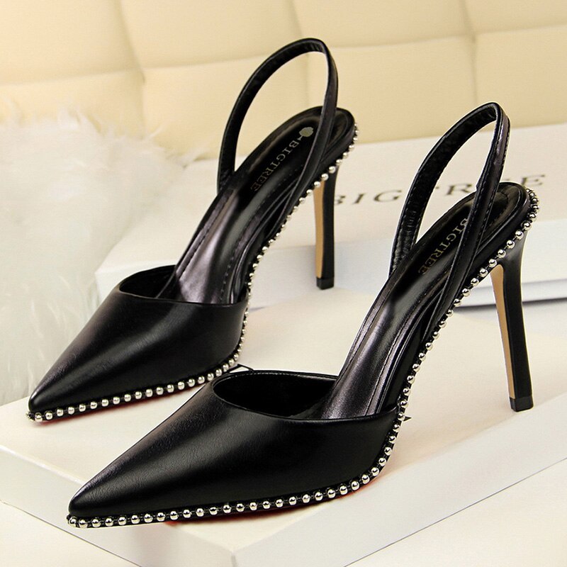 Rivet High Heels Woman Pumps Pu Leather Women Heels 9cm Sexy Party Shoes Black Red Apricot Wedding Shoes Female