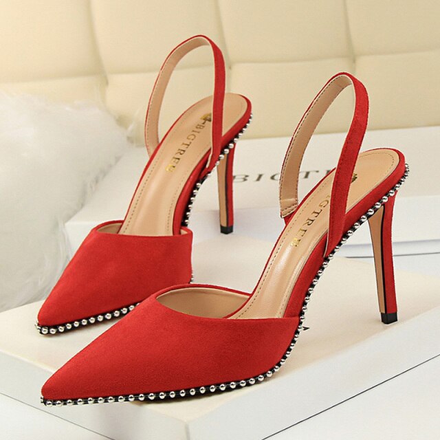 Rivet High Heels Woman Pumps Pu Leather Women Heels 9cm Sexy Party Shoes Black Red Apricot Wedding Shoes Female