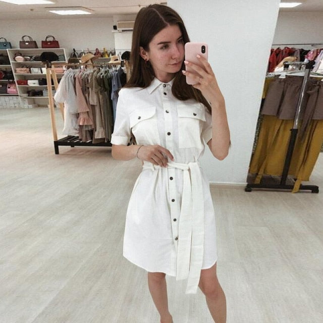Women Vintage Sashes Front Buttons A-line Dress Half Sleeve Turn Down Collar Solid Elegant Casual Mini Dress 2021 Spring Dress