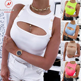 Sexy Women Summer Solid Color Tanks Hollow Out Design Button Decor O-Neck Sleeveless Slim Breast Enlargement Pullovers Top