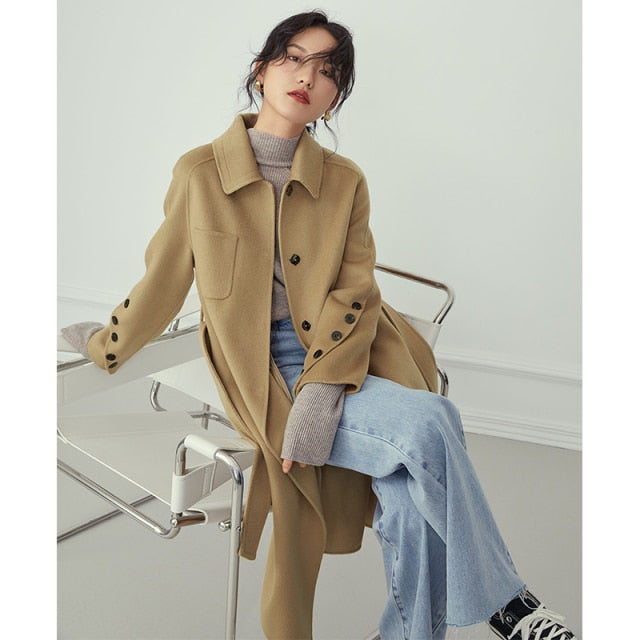Rarove 100% Wool Khaki Long Winter Coat Women Button Sashes Elegant Cashmere Blend Coat Female Woolen Oversized Vintage Coat