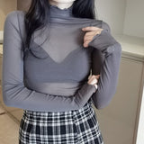 Rarove Spring Autumn Women&#39;s Sexy See-Through Mesh Blouse Female Long Sleeve Transparent Elegant Shirt Fashion Women Tops