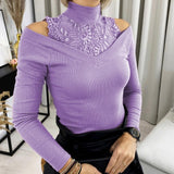 Rarove Fashion Lace Patchwork Blouse Shirt Cold Shoulder Turtleneck Tops Tee Casual Ladies Top Female Women Long Sleeve Blusas Pullover