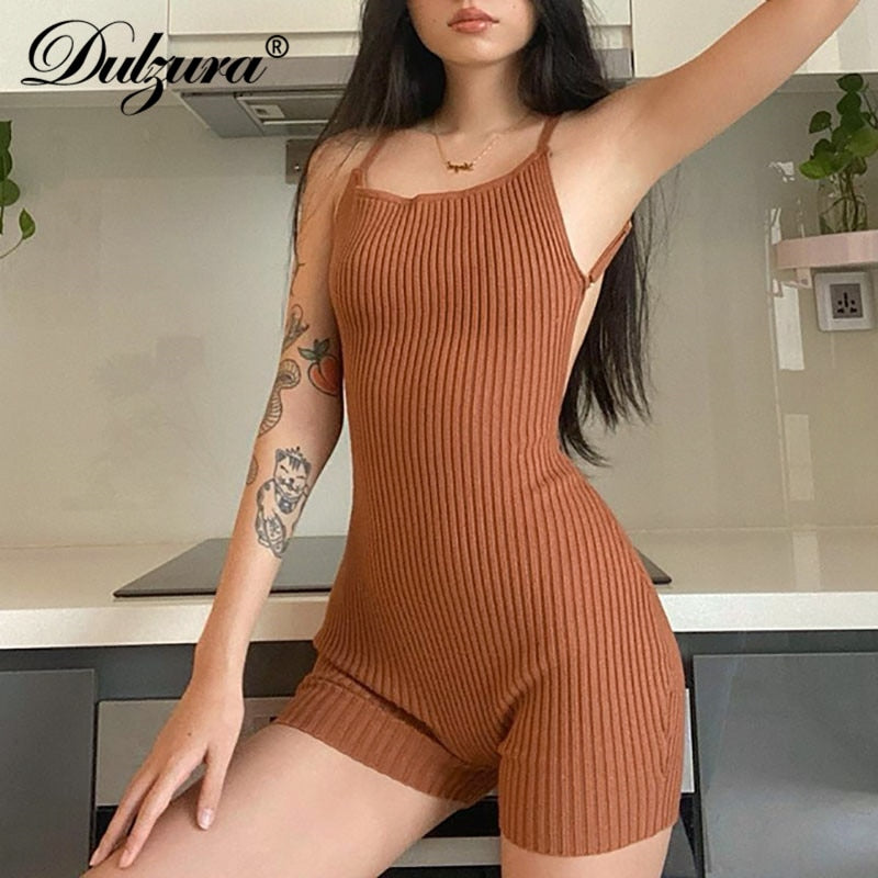 Stripe Knitted Women Strap Playsuit Backless Bodycon Sexy Streetwear Party Club 2022 Summer Casual Rompers Combishort