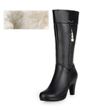 Rarove Female winter shoes Women Genuine Leather High-heeled Boots  Wool Lined Boots Fashion High Quality Motorcycle Boots