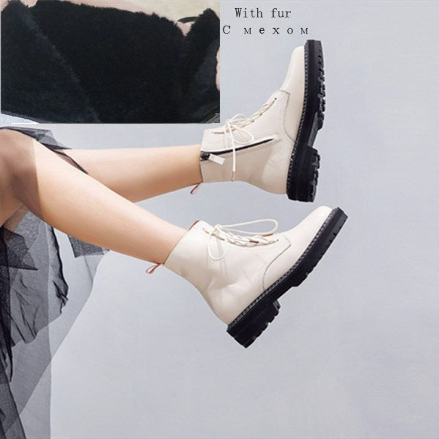 Boots Female 2022 Genuine Leather Women Booties Lace Up White winter women shoes Non-slip girl Martin boots
