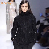 Autumn Winter New Cashmere Sweater Women&#39;S White Black Sequined Turtleneck Pullover Fashion Loose Knitted Long Sleeve Sweater