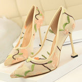 Woman Pumps Flower Embroidery Lace High Heels Sexy Party Shoes Stiletto Fashion Women Heels Mesh Women Shoes