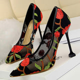 Woman Pumps Flower Embroidery Lace High Heels Sexy Party Shoes Stiletto Fashion Women Heels Mesh Women Shoes
