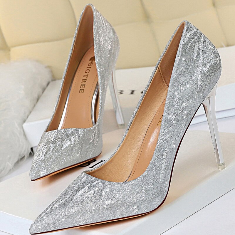Woman Pumps Silver Champagne High Heels Stiletto Wedding Shoes Sequins Women Heels Fashion Ladies Shoes Party Shoe