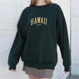 HAWAII Embroidered Oversized Sweatshirt Dark Green Long Sleeve Crew Neck Pullover Warm Tops Women's Sweatshirt