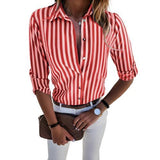 Rarove Women Fashion Long Sleeve Turn Down Collar Vertical Stripes Office Blouse shirts for women