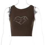 Heart-Shape Rhinestone Women Crop Top Tanks O Neck Bodycon Sexy Streetwear Casual 2022 Summer Clothes Fashion Cute