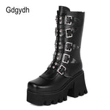 Autumn Winter Gothic Punk Womens Platform Boots Black Blet Buckle Strap Creepers Platform Shoes With Zipper Military Boot