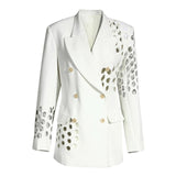 Rarove Women White Hollow Out Double Breasted Blazer New Lapel Long Sleeve Slim Jacket Casual Fashion Female Autumn Clothing