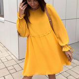 Women Casual Drawstring Loose Cute Mini Dress Color Bright Yellow Dress Butterfly Sleeve Autumn Spring Holiday Dress Vestidos