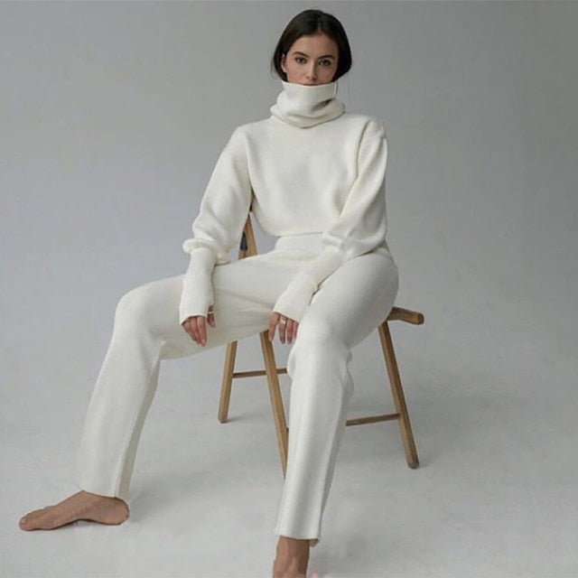 Turtleneck Sweater 2 Pieces Set Women Setchic Knitted Pullover Top + Sweater Pants Jumper Tops Trousers Sweater Suit 2022 Winter