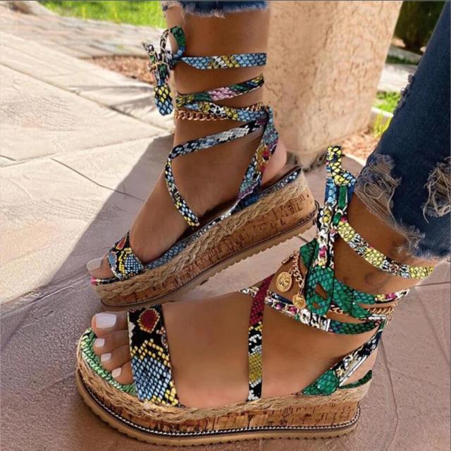 2022Women Sandals Summer Ethnic Snake Print Fashion Casual Wedge Shoes Lace Up Lady Platform Beach Shoes Ladies Plus Size Sandal