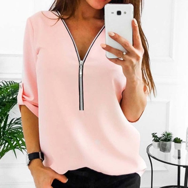 2022 New Arrivals Women Fashion Long Sleeve V Neck Loose Long Chiffon Blouse Shirt Solid Lady Tops Plus Size