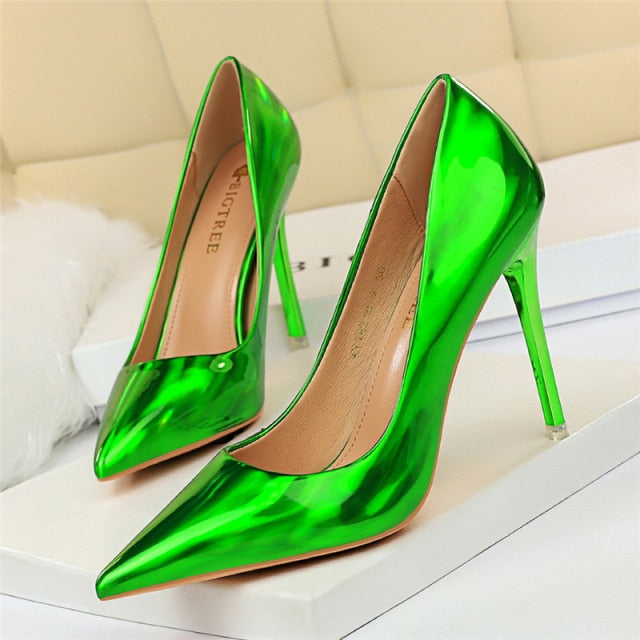 2022 Women 10.5cm High Heels Blue Green Valentine Pumps Luxury Glossy Stripper Stiletto Wedding Bridal Fetish Shoes Plus Size 43