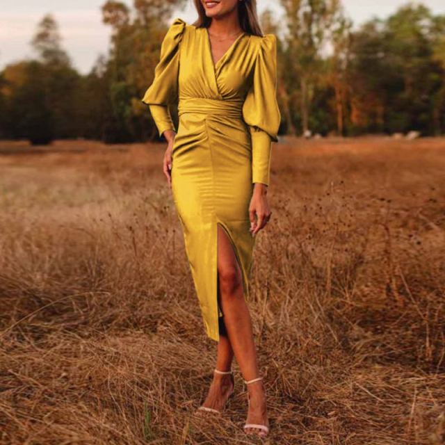 Rarove Women Puff Sleeve Sundress Celmia 2022 Elegant Party Dress Slit Hem Solid V Neck Pleated Stain Vestidos Bodycon Robe