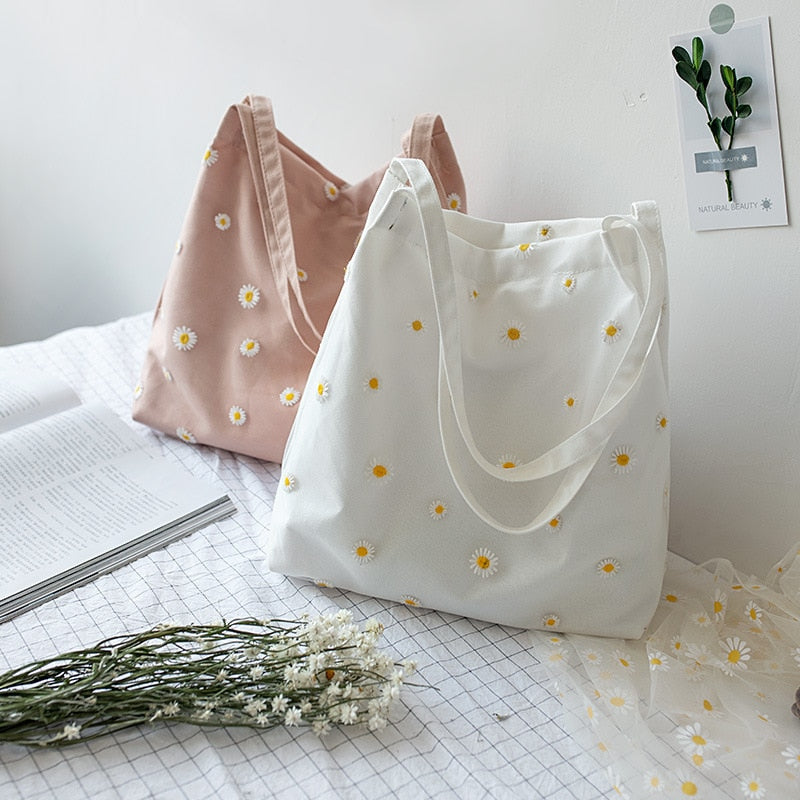 Rarove Mini Shoulder Bags for Women's Female Shopper Bag Niche Designers Handbag Cute Embroidery Bag with Daisies Small Canvas Tote Bag