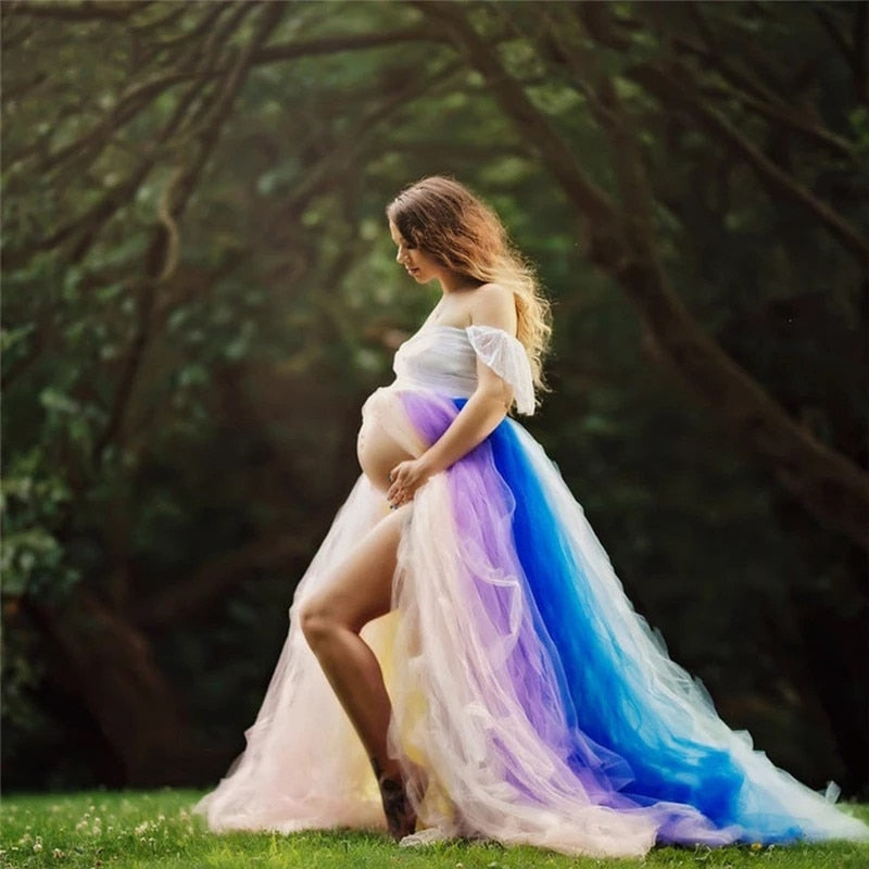 Shoulderless Maternity Dresses For Photo Shoot Maxi Gown Rainbow Mesh Women Pregnant Photography Props Long Pregnancy Dress