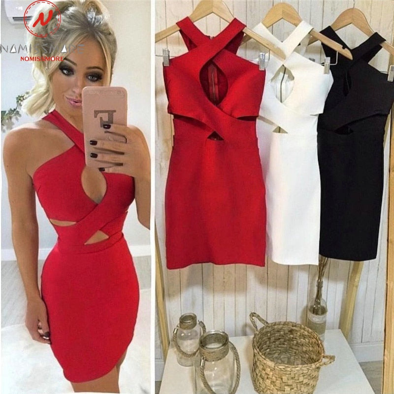Sexy Women Summer Solid Color Pencil Dress for Party Night Club Hollow Out Design Halter Sleeveless V-Neck Slim Hips Mini Dress