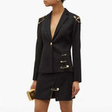 Women's Black V-Neck Mesh Pin Temperament Jacket New Lapel Long-Sleeved Slim Jacket Fashion Winter 2022 New