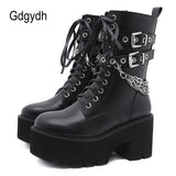 High Heels Female Shoes On Platform Sexy Rivet Chain Chunky Heel Ankle Boots For Women Black Gothic Punk Comfortable