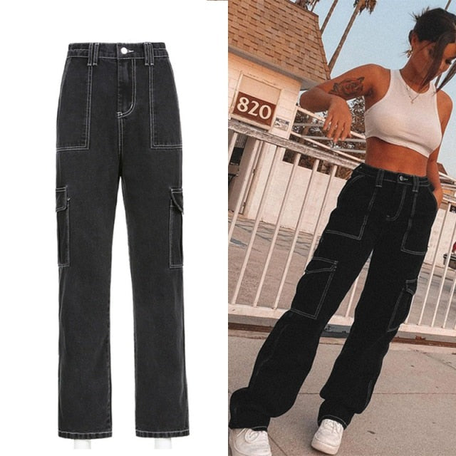 High Waist Jeans Woman Wide Leg Denim Boyfriend Streetwear Clothing Cotton Fashion Harajuku Pocket Straight Cargo Pants