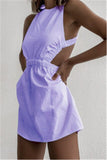 Rarove Women Summer Solid Color Pencil Dress Cross Bandage Design Shrinkage Elastic Waist Sleeveless Backless Slim Hips Mini Dress