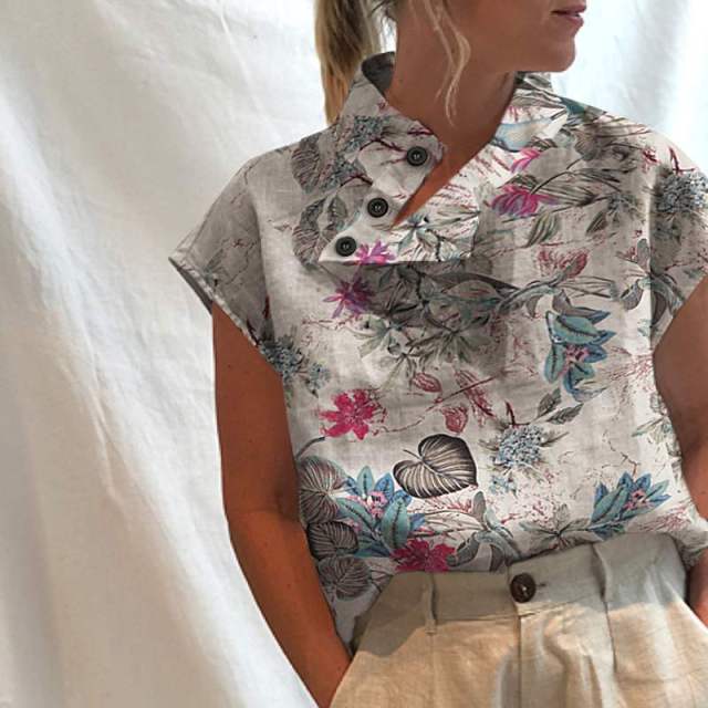 Vintage Floral Print Blouses 2022 Summer Women Blouse Cotton Turtleneck Casual Buttons Fashion Tops Short Sleeve Shirts