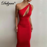 Hollow Out One Shoulder Women Sleeve Midi Dress Bodycon Sexy Streetwear Party Club Elegant 2022 Summer Clothes Solid