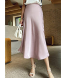 Rarove Summer Silk Midi Skirts Womens Korean England Style Satin Office Lady Simple Solid Elegant Faldas Mujer Moda Long Skirts Womens
